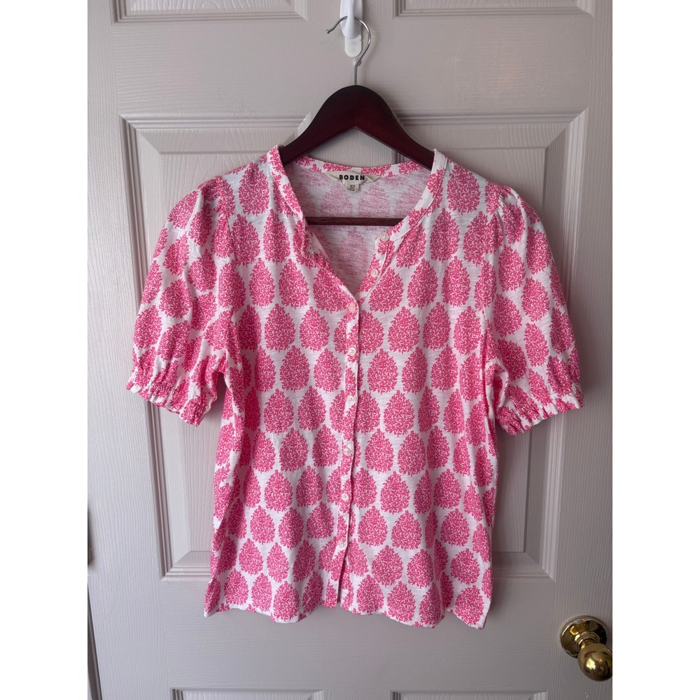 Boden Button Down Top Womens Size 6 Pink Damask Puff Sleeve Casual Blouse